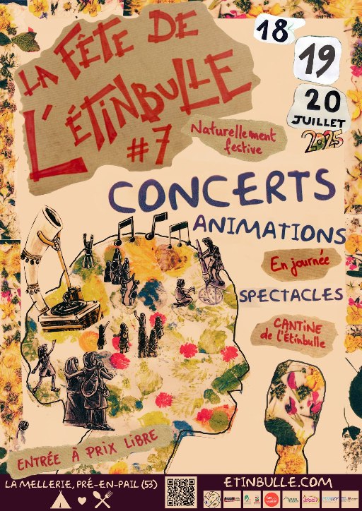 Affiche de la fête de l'Étinbulle 7. Concerts, animations en journée, spectacles et cantine de l'étinbulle.